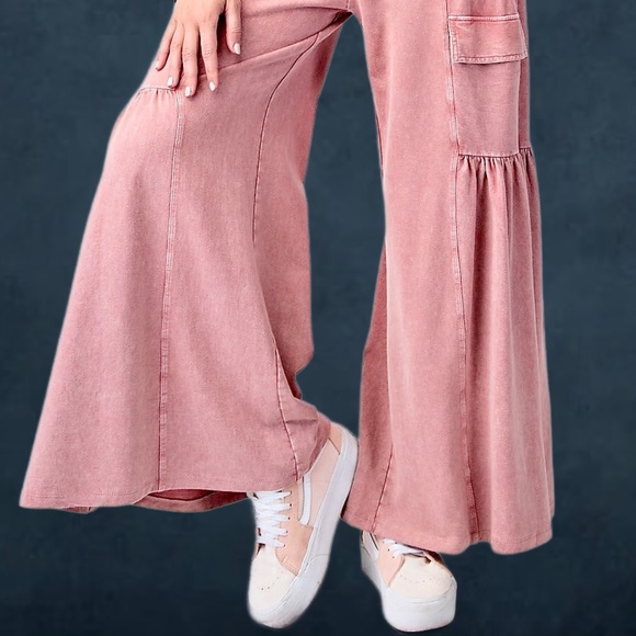 EASEL “Lovin’ It” Cotton Mineral Washed Pants Relax Fit Wide Ruffled Leg Pockets - Picture 10 of 14